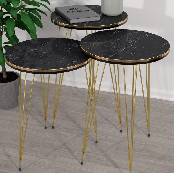 (1 Piece) Black Marble Look With Gold Metal Legs Round Home Essential 1 Piece Coffee Table