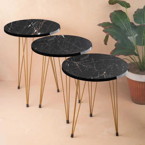 (1 Piece) Black Marble Look With Gold Metal Legs Round Home Essential 1 Piece Coffee Table